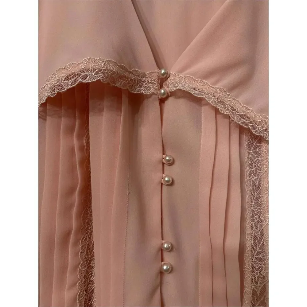 Vtg 80s Pleated Midi Dress Sz 14 Peach Lace Pearl Button Easter Wedding Gorgeous - Picture 5 of 11